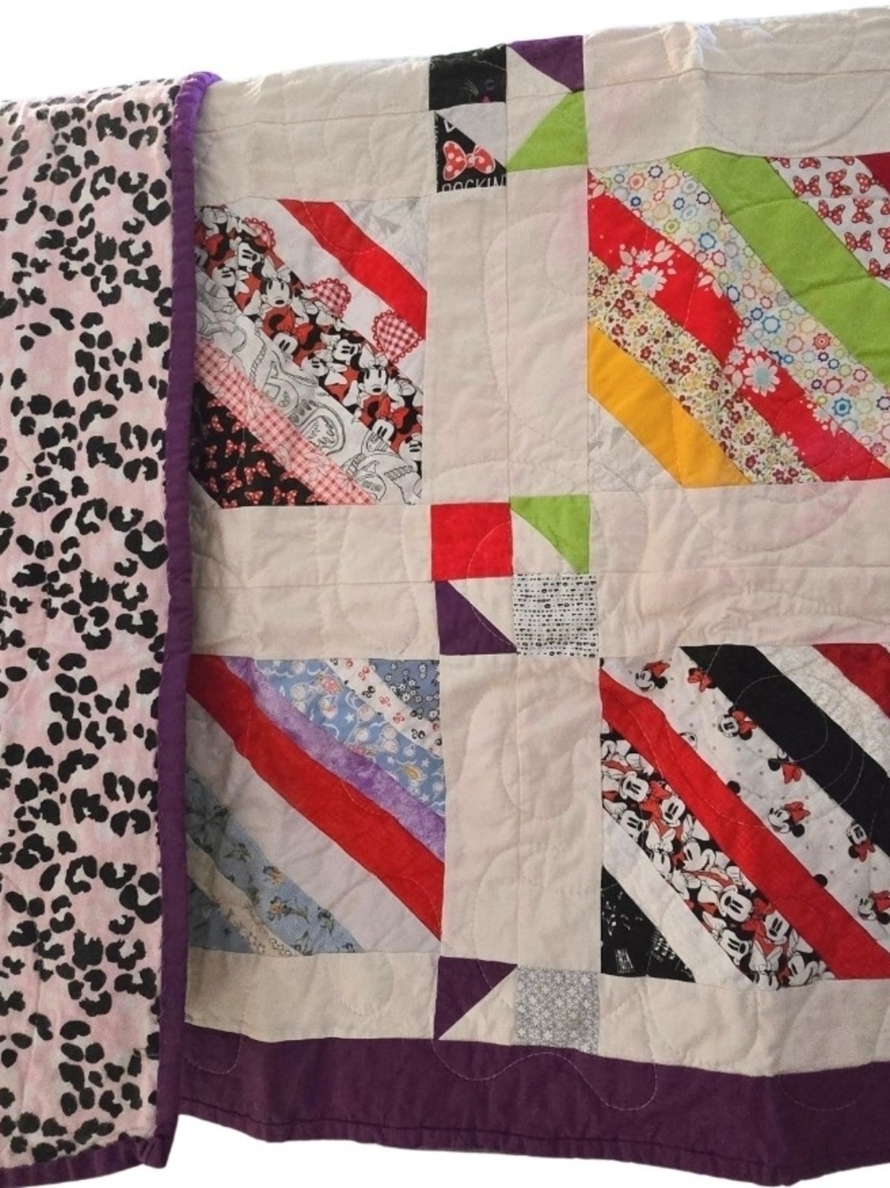 Handmade Pink Purple Multi-Color Patchwork Quilt with Purple Border